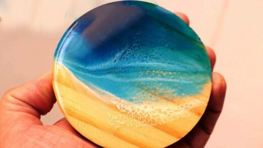 porta copos de resina e madeira efeito mar